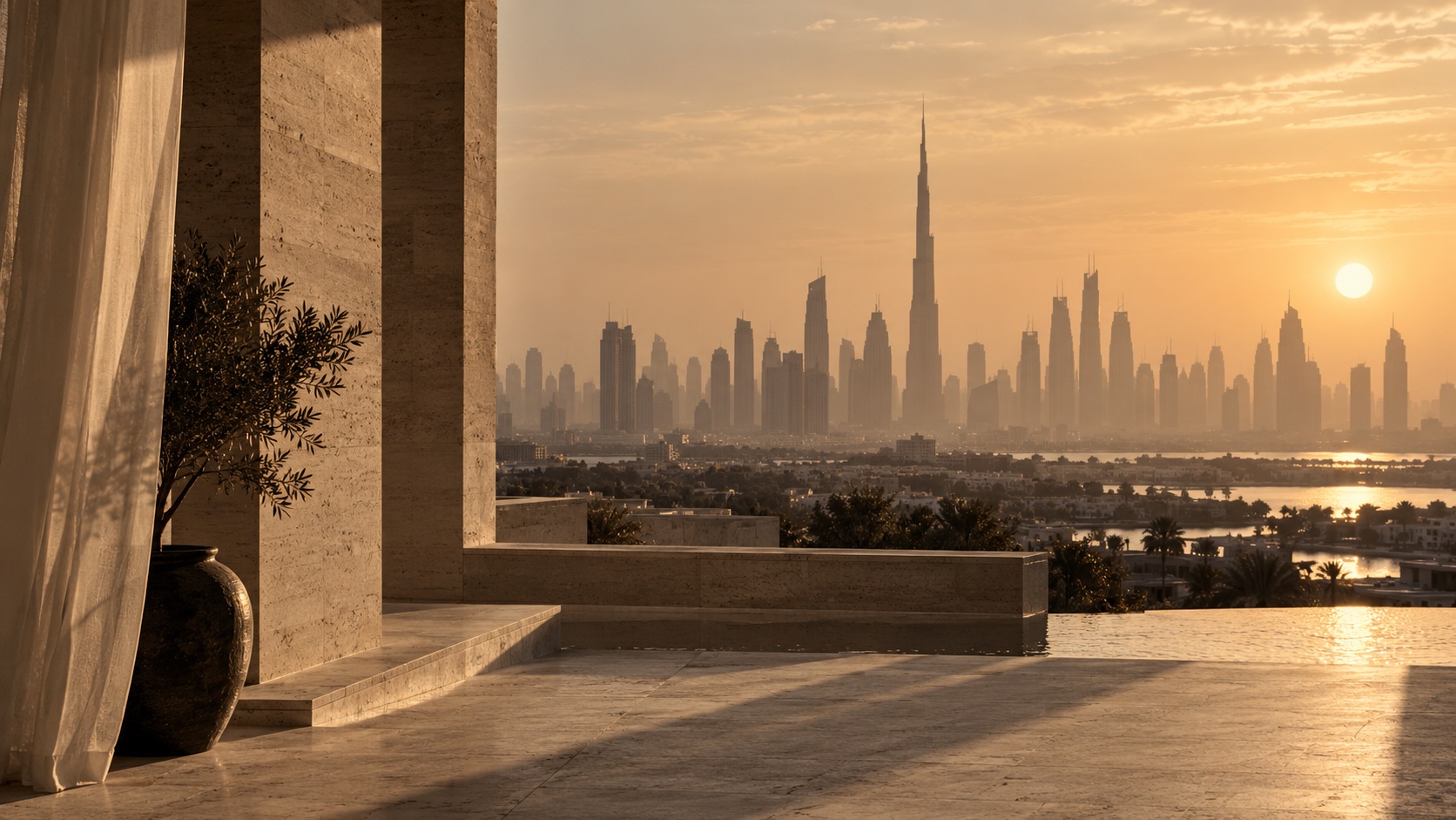 Terrasse en pierre et voilage face aux tours de Dubaï au coucher du soleil.