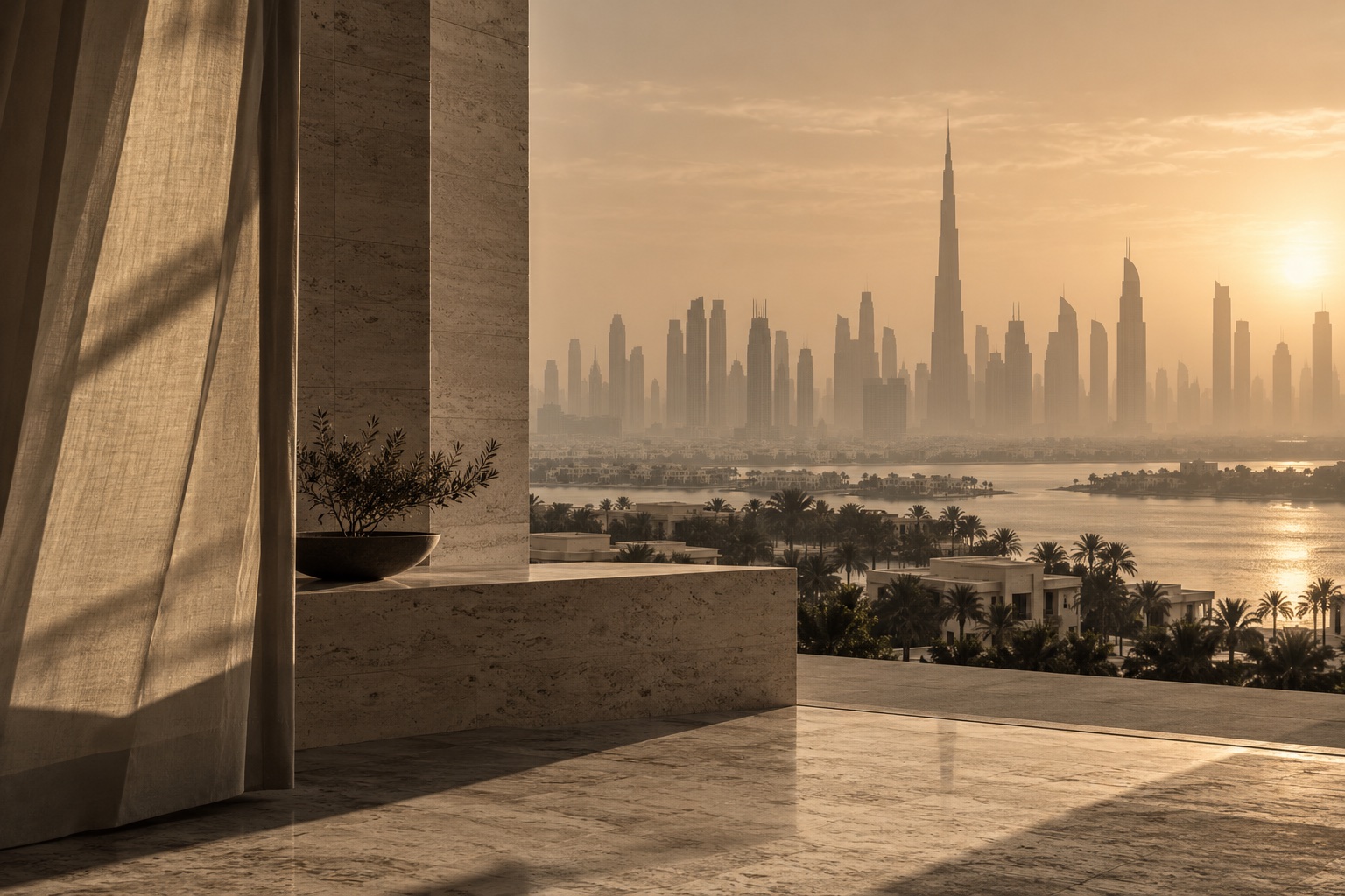 Terrasse en travertin face aux gratte-ciel de Dubaï au coucher du soleil.