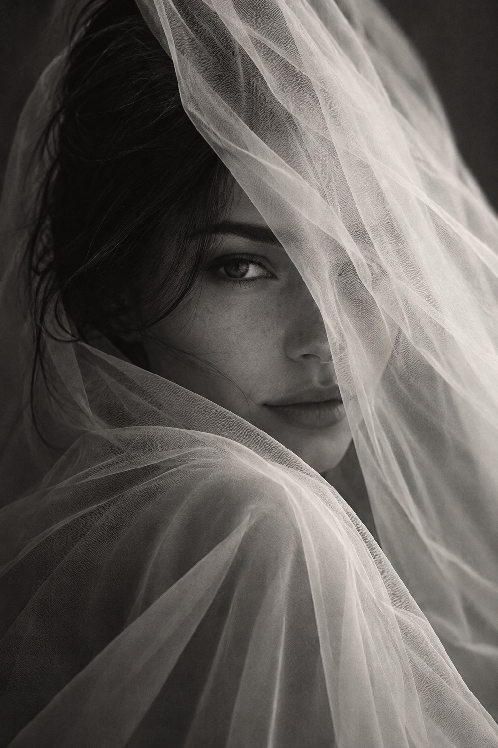 Femme drapée d'un voile léger, en noir et blanc.