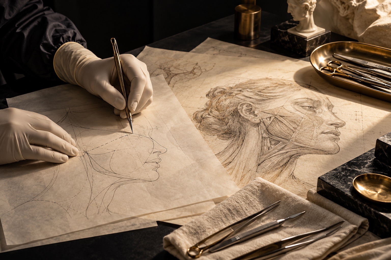 Main gantée de blanc traçant un profil au crayon sur papier calque, à côté d'une planche anatomique.