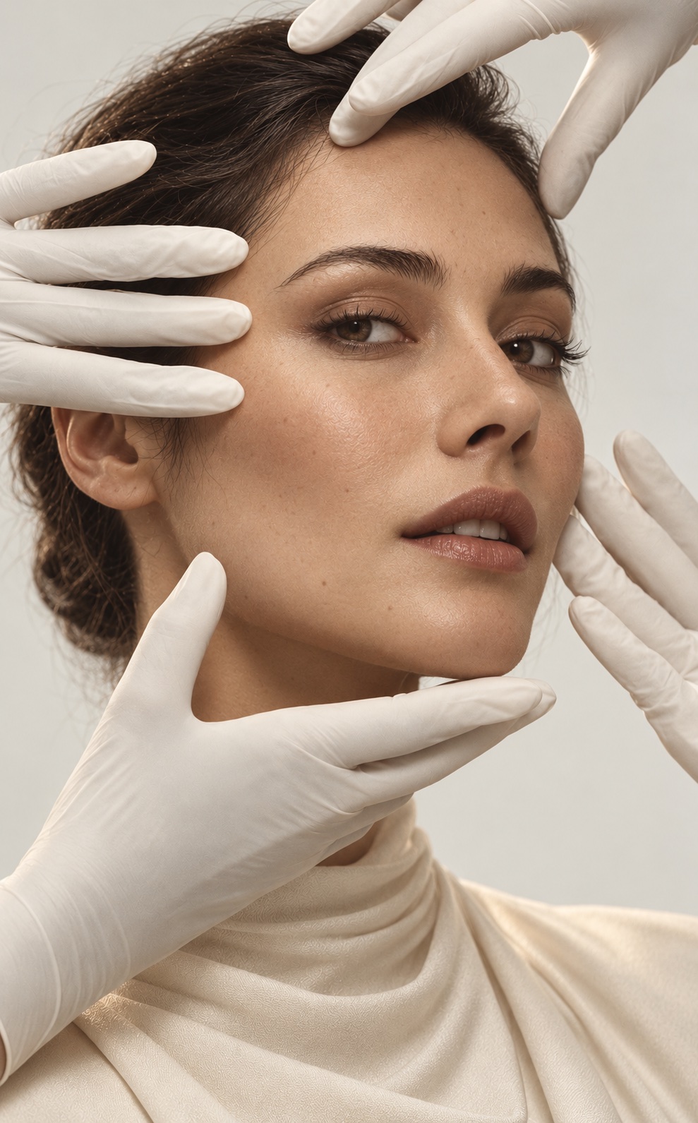 Visage de femme encadré par des mains gantées.